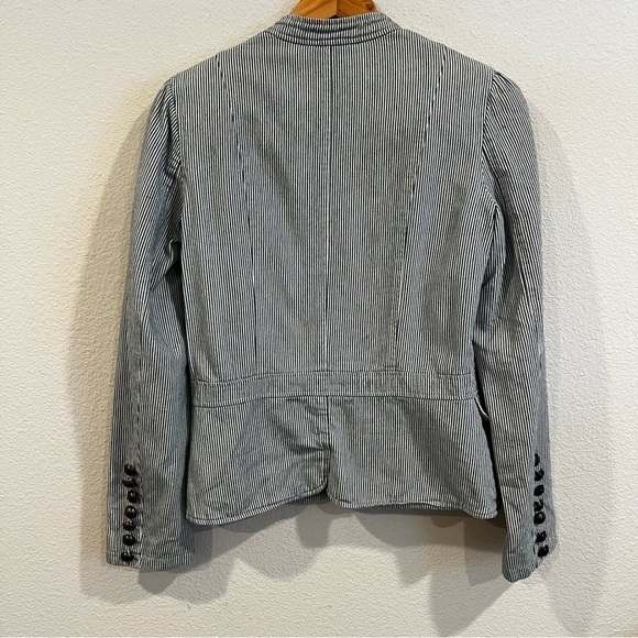 R blue and white stripe cotton denim chambray military jacket size 4 - Picture 11 of 12